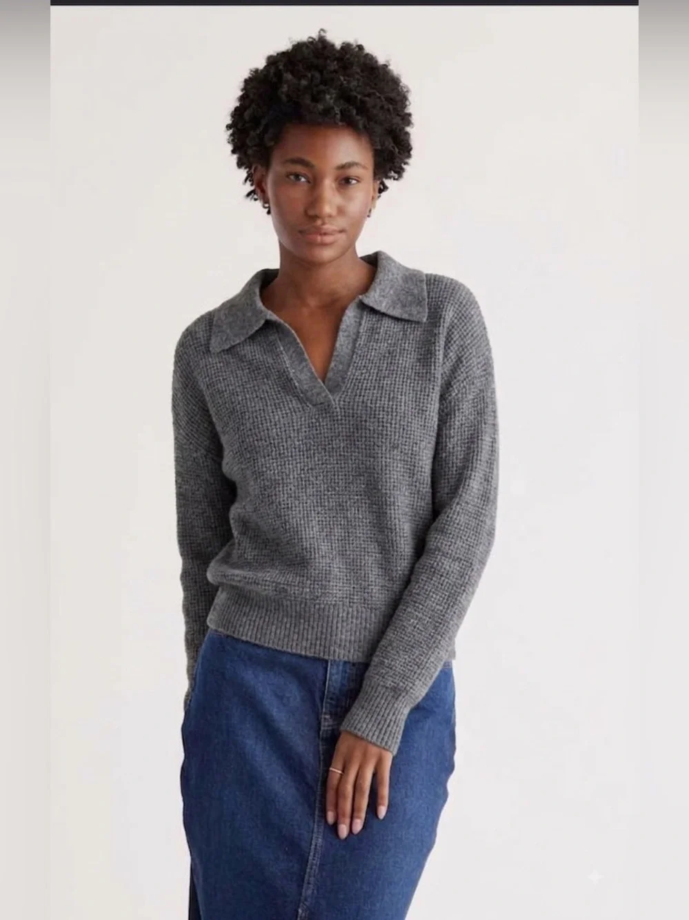 Quince Wool-Alpaca Waffle Stitch Polo Sweater Gray , Small